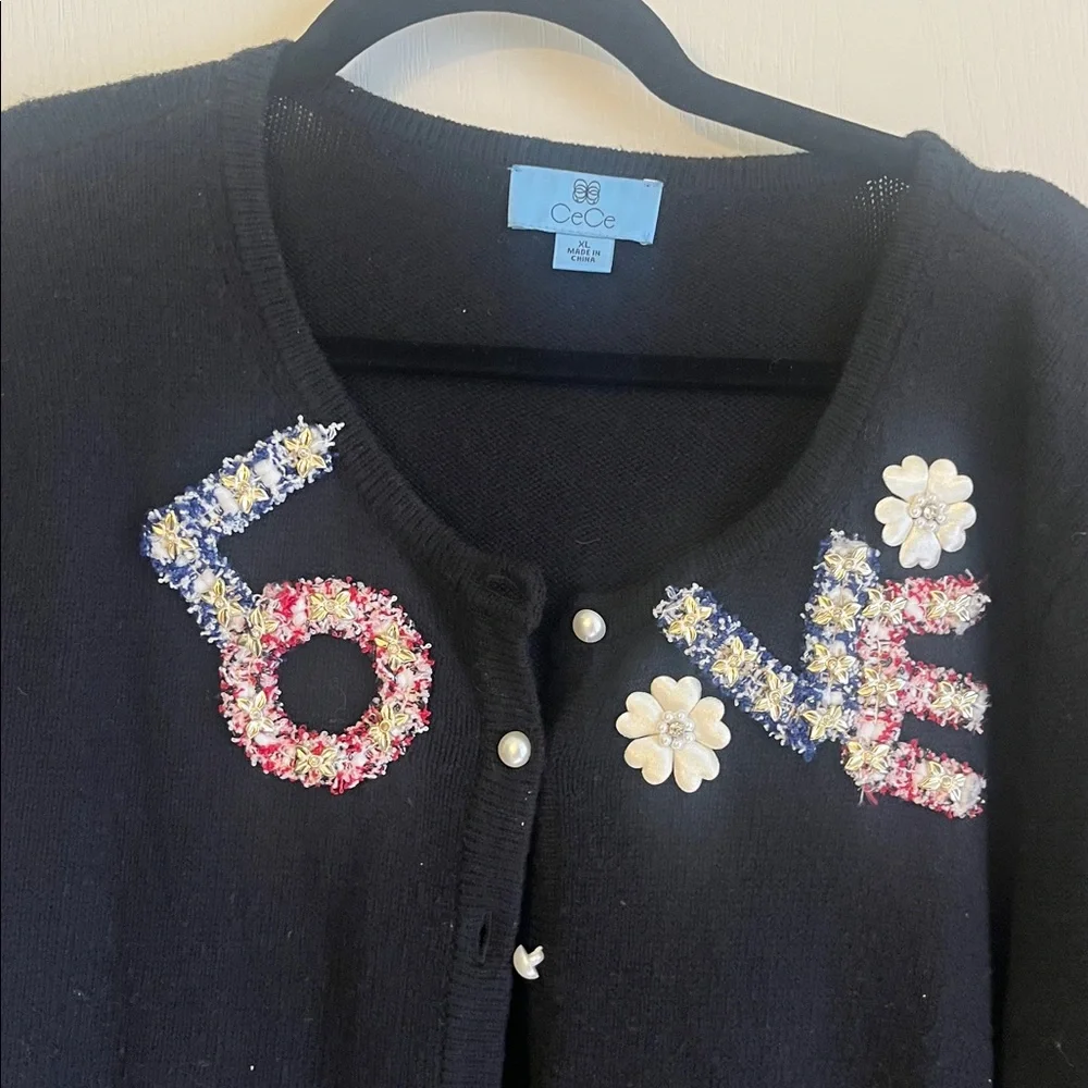 CeCe Black Cardigan with Colorful Floral Accents - Picture 2 of 10